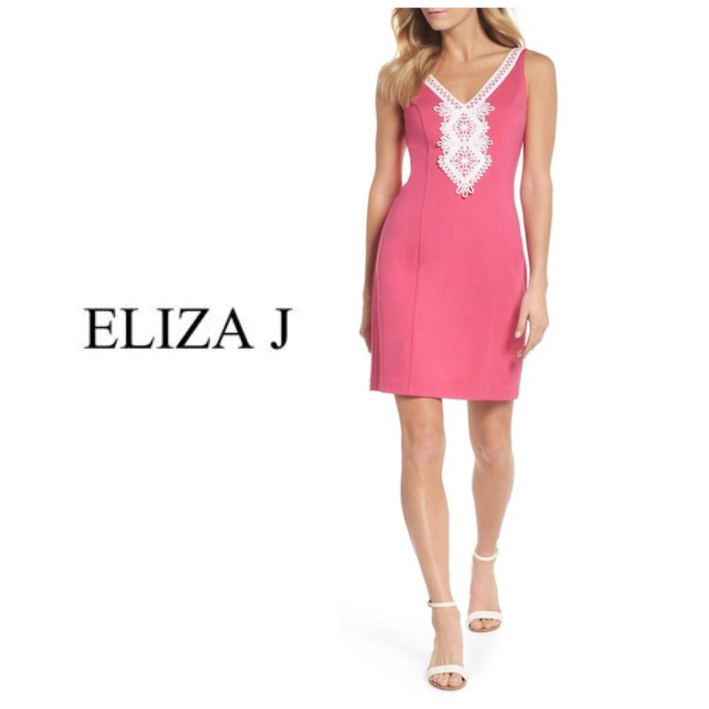 Eliza J Embroidered V-Neck Shift Dress Pink Sz 8